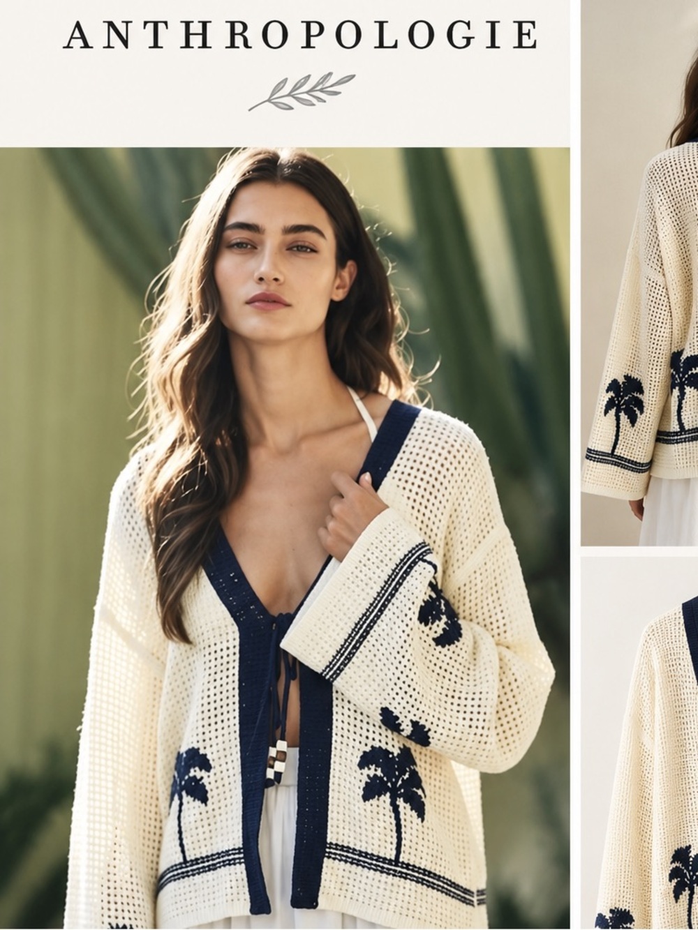 NWT - Anthropologie Celandine Cream Crochet Cardigan with Navy Palm Motif